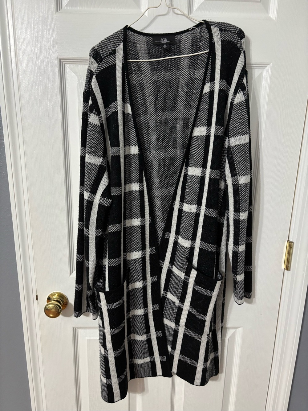 AGB Black and White Windowpane Open-Front Cardigan